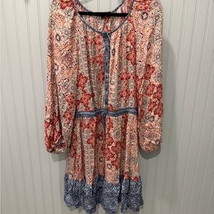 Boho Mixed-Print Long Sleeve Dress in Red, Blue and Cream